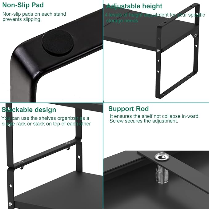 iPEGTOP 2 Pack Expandable Cabinet Storage Shelf Organizer Rack, Heavy Duty Steel Metal Spice Rack Adjustable Height Office Garage Pantry Shelf Space Riser for Counter Kitchen Organization, Black - Image 6