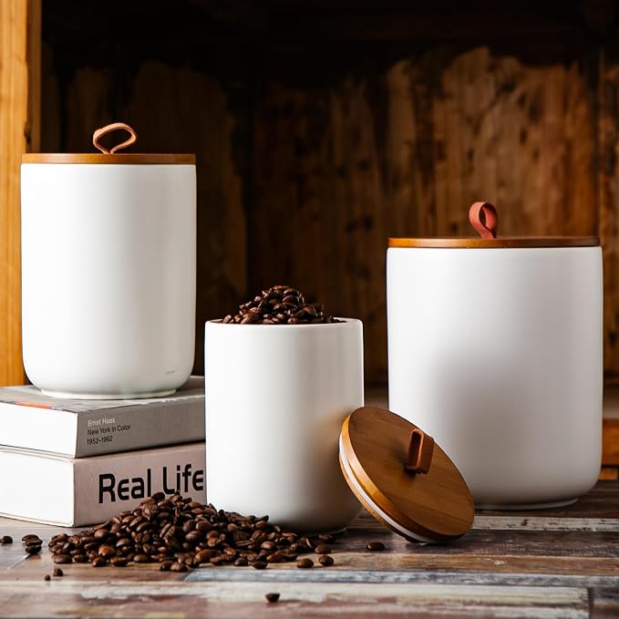 JOJUNO White Ceramic Canister 3 Piece with Airtight Bamboo Lid - Image 7