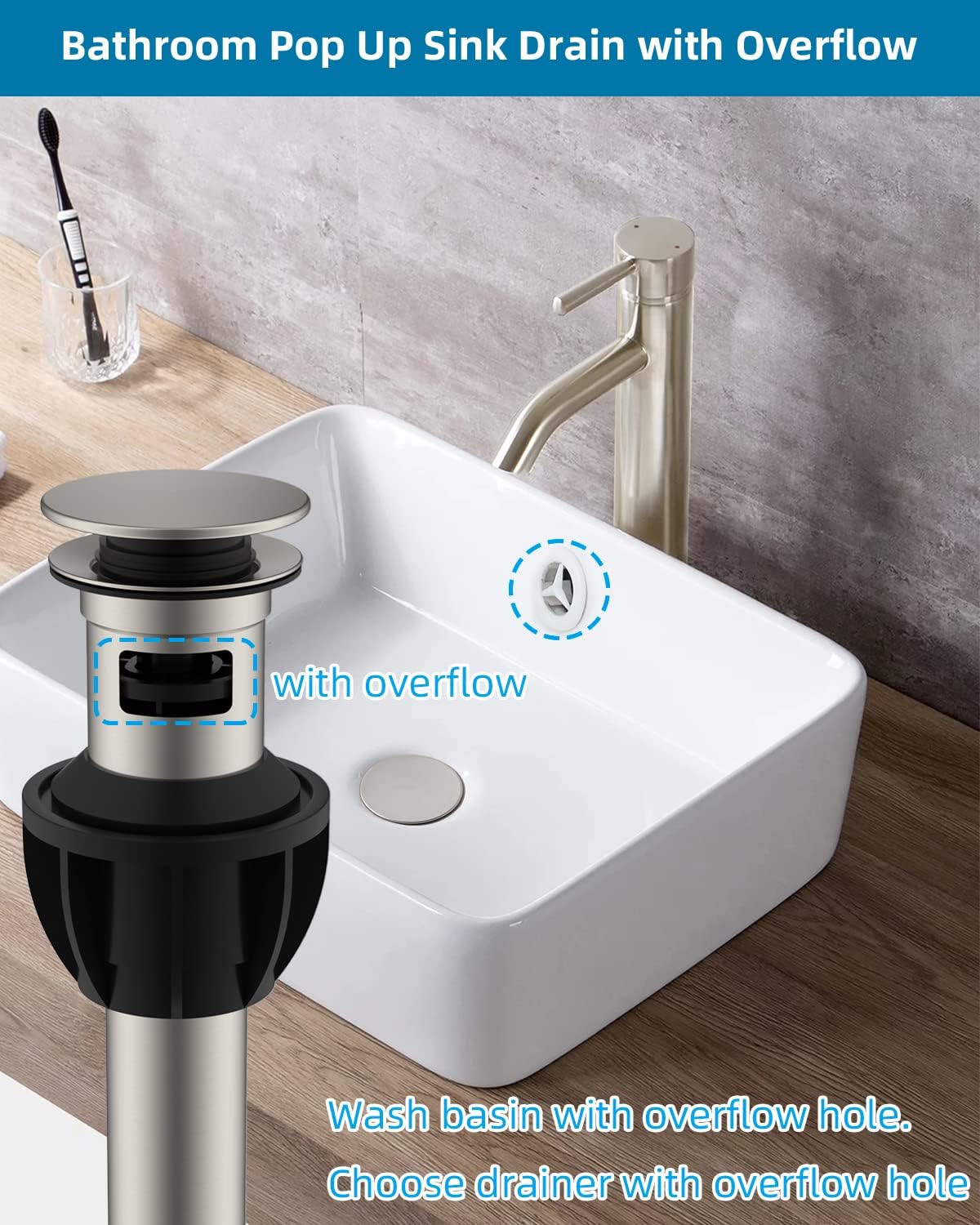 Hibbent 2 Pack Metal Bathroom Sink Drain with Overflow, Push and Seal Pop Up Drain Stopper, Stainless Steel Vessel Lavatory Vanity Sink Drain Stopper, Anti-Clogging Strainer, Brushed Nickel