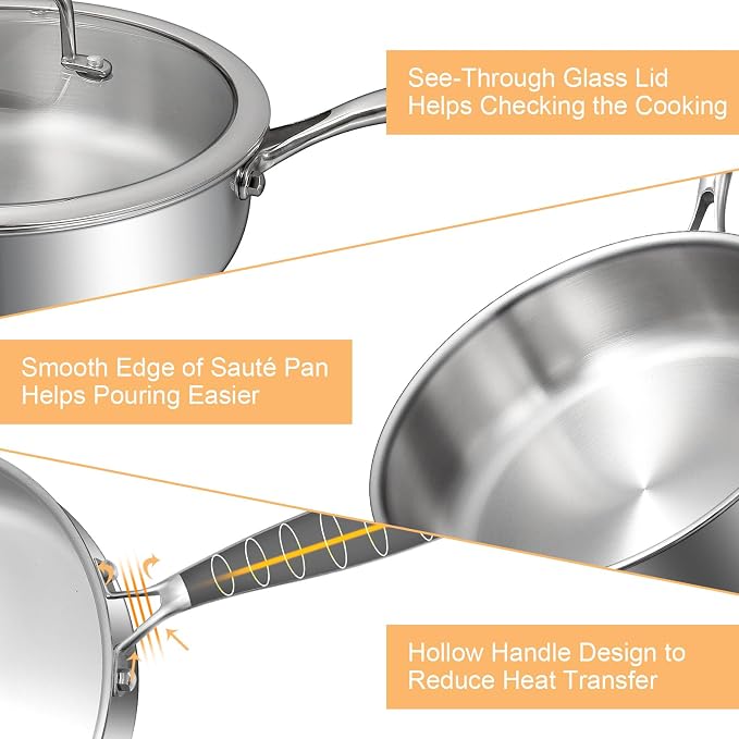 EWFEN Tri-Ply Stainless Steel Frying Pan 3QT, 10 Inch Deep Frying Pan with lids, Skillet, Induction Cooking Pan, Dishwasher and Oven Safe, Fast & Even Heat, Heavy Duty and Detachable Handle - Image 7