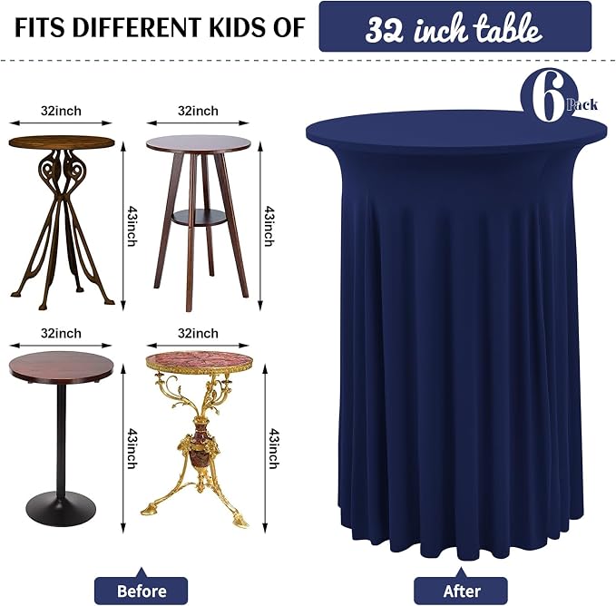 6 Packs Round Cocktail Table Cloth with Wavy Drapes, Spandex Stretch Cocktail Tablecloth, Fitted High Top Table Covers for Wedding Outdoor Parties Patio Bar(32"x 43",Navy Blue) - Image 3