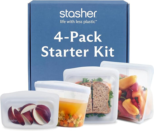 Stasher Premium Reusable Silicone Storage Bags, 4-Pack Starter Kit, Clear | Food-Safe Silicone, Eco-Friendly, Reusable Freezer Bags, Microwave, Dishwasher, Snack Bags, Lunch Containers, Meal Prep by Stasher