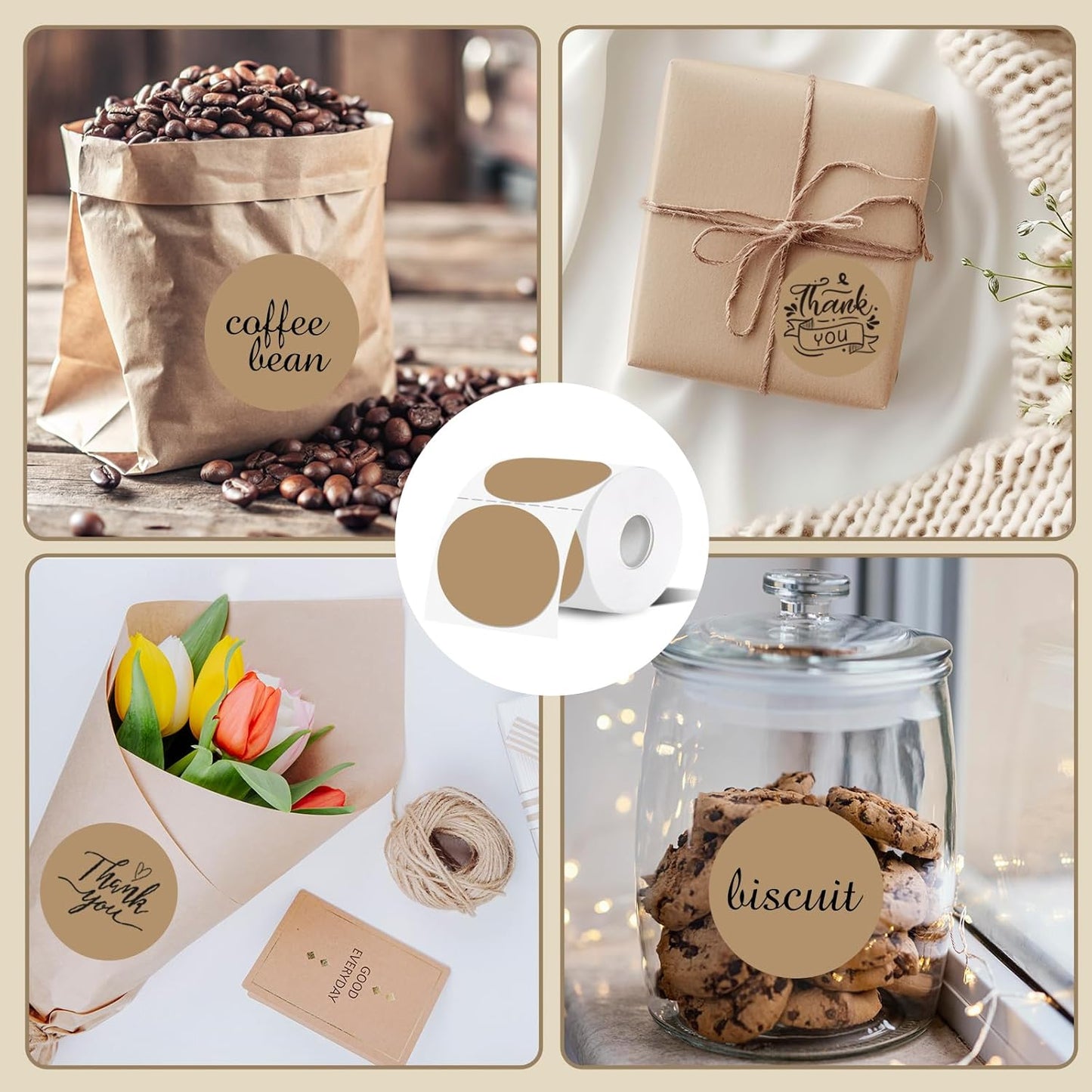 Thermal Label,3 Inch Brown Round Thermal Printer Sticker,Self-Adhesive Round Direct Thermal Labels,Thermal Stickers for DIY Logo Design,Name Tag (300 Labels/1 Roll)