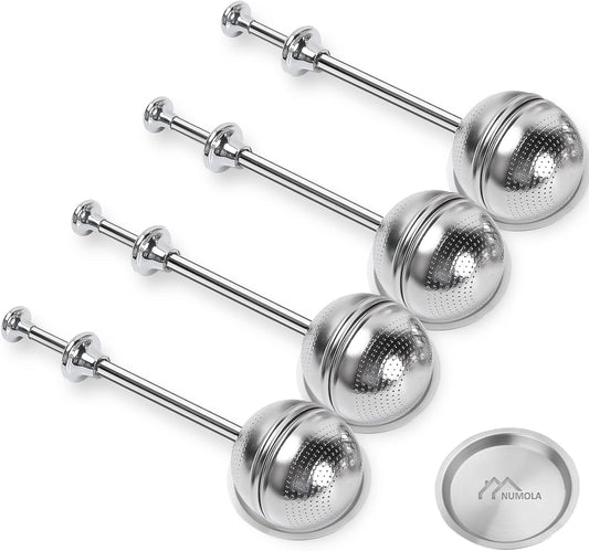 Numola Long Handle Tea Ball Stainless Steel with Drip Trays, 4Pcs Premium Tea Infuser Filter for Loose Leaf Tea, Reusable Fine Mesh Tea Interval Diffuser Strainer for Cup and Teapot
