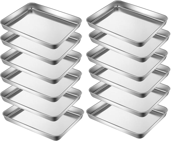 Little Serving Trays Stainless Steel 304 in Bulk Small Cookie Baking Sheet Pans 10.4 x8.1 x1.1Inch (Diagonal 12.3) Reheat Food Small Items No Rust Dishwasher Safe Bakeware for 2 Person 12 Pack by YourReliableKitchenPartner