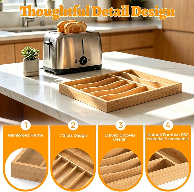 Bamboo Silverware Drawer Organizer, 7 Slots Kitchen Drawer Tray | Bamboo Kitchen Drawer Cutlery Organizer, Utensil Holder, Flatware Organizer Tray (11.8"x15.7"x1.7"), Natural - Image 5