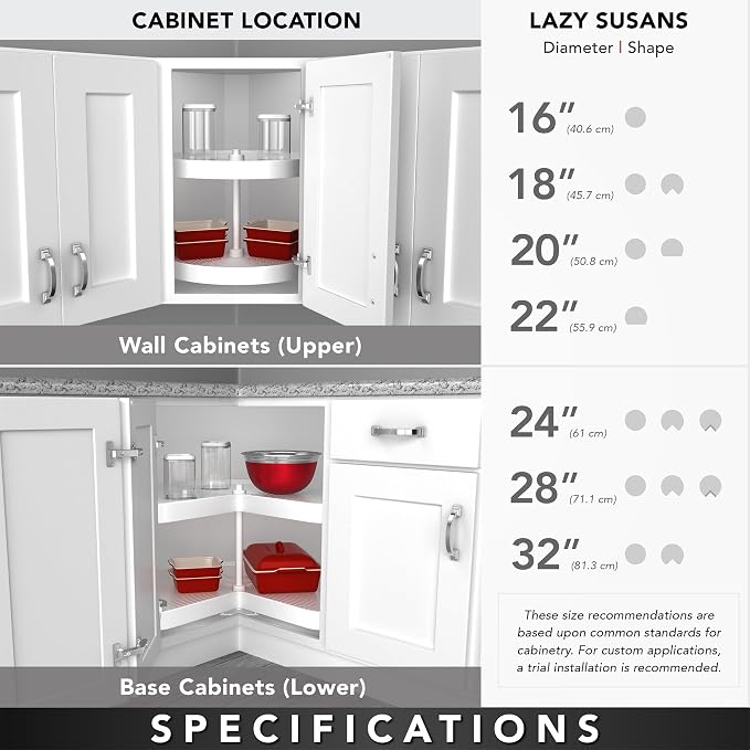 Rev-A-Shelf 24" Kidney Shaped Dual Tier Lazy Susan Organizer for Corner Base Kitchen Cabinets, Plastic Home Storage Shelves, White, 6472-24-11-52 - Image 5