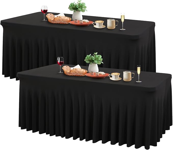 Wish Care 2 Pack Black Spandex Table Cloths - Fitted Rectangle Table Cover, Wrinkle Free, 4ft, Stretch Tablecloths for Party, Banquet, Wedding and Events by WishCare