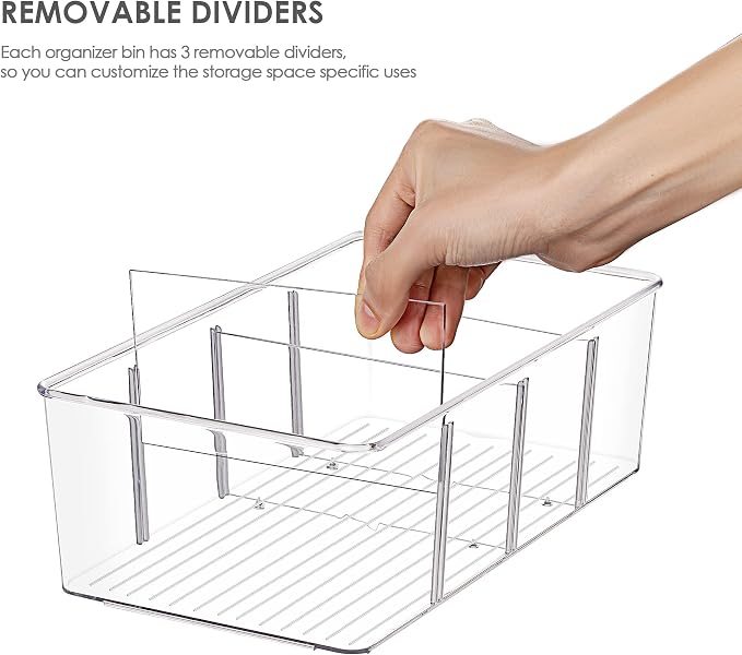 Vtopmart 2 Pack Food Storage Organizer Bins, Clear Plastic Bins for Pantry, Kitchen, Fridge, Cabinet Organization and Storage, 4 Compartment Holder Packets, Snacks, Pouches, Spice Packets - Image 2