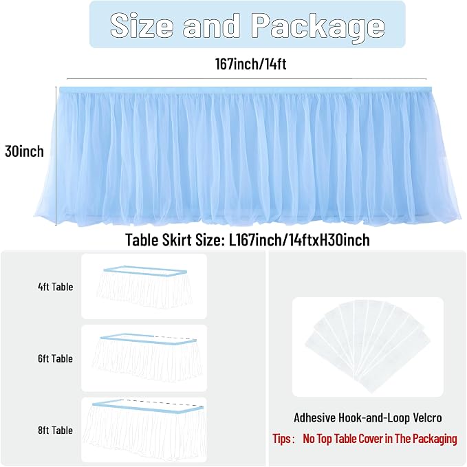 167in Baby Blue Tulle Table Skirts for Rectangle Tables 6/8ft, 2-Layer Gold Grim Ruffle Tulle Tutu Blue Cloth Table Skirt 14ft Decor Boy Birthday Party Baby Shower Cake Dessert Tables(No Table Cover) - Image 6