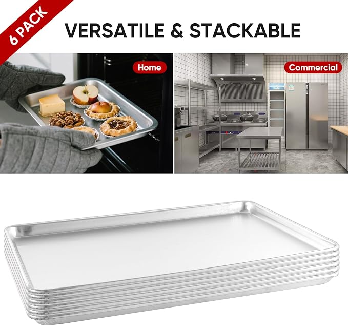 TENUP 6 Pack Aluminum Full Sheet Pan, 26" x 18" Heavy Duty Commercial Baking Tray Reinforced Rim, Warp-Resistant Rust-Free - Image 5