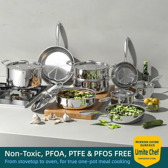 Umite Chef Stainless Steel Cookware Set, 5 Ply 14 Piece Stainless Steel Pot and Pan Set-Induction, Heavy Chef Quality, Oven Safe | Professional Kitchen Cooking Appliances, PFOA, PTFE & PFOS Free - Image 2