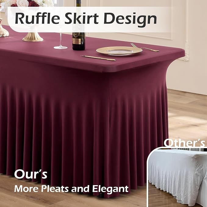 2 pk Burgundy Spandex Tablecloth 6ft with Ruffled Tables,Wrinkle Free High-Stretch Fitted Table Cloths for 6 Foot Rectangle Tables,Elastic Maroon Spandex Table Covers 6 ft for Weddings Banquet Dinning - Image 2