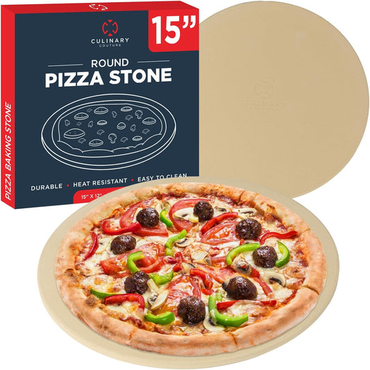 Culinary Couture 15 inch Round Pizza Stone for Oven - Large Pizza Stone for Grill, Cordierite Stones for Bread, Calzone, Cookies - Pizza Making Kit