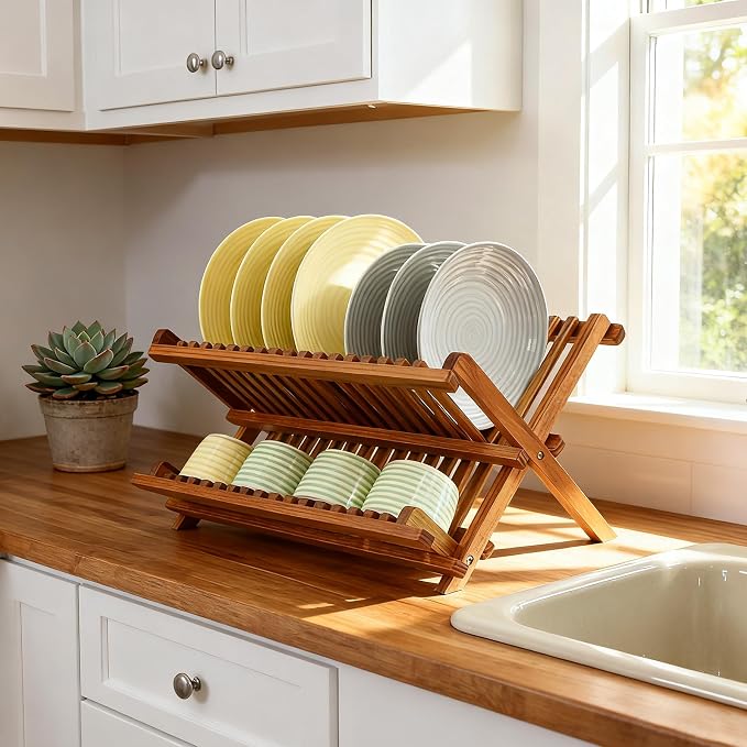 Utoplike Teak Wood Dish Drying Rack, Foldable Plate Organizer Countertop - Image 5