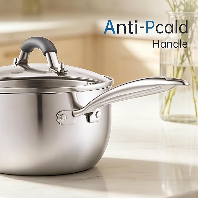 Tri-Ply Stainless Steel Sauce Pan, 2.5 Qt Saucepan with Strainer Lid - Image 6