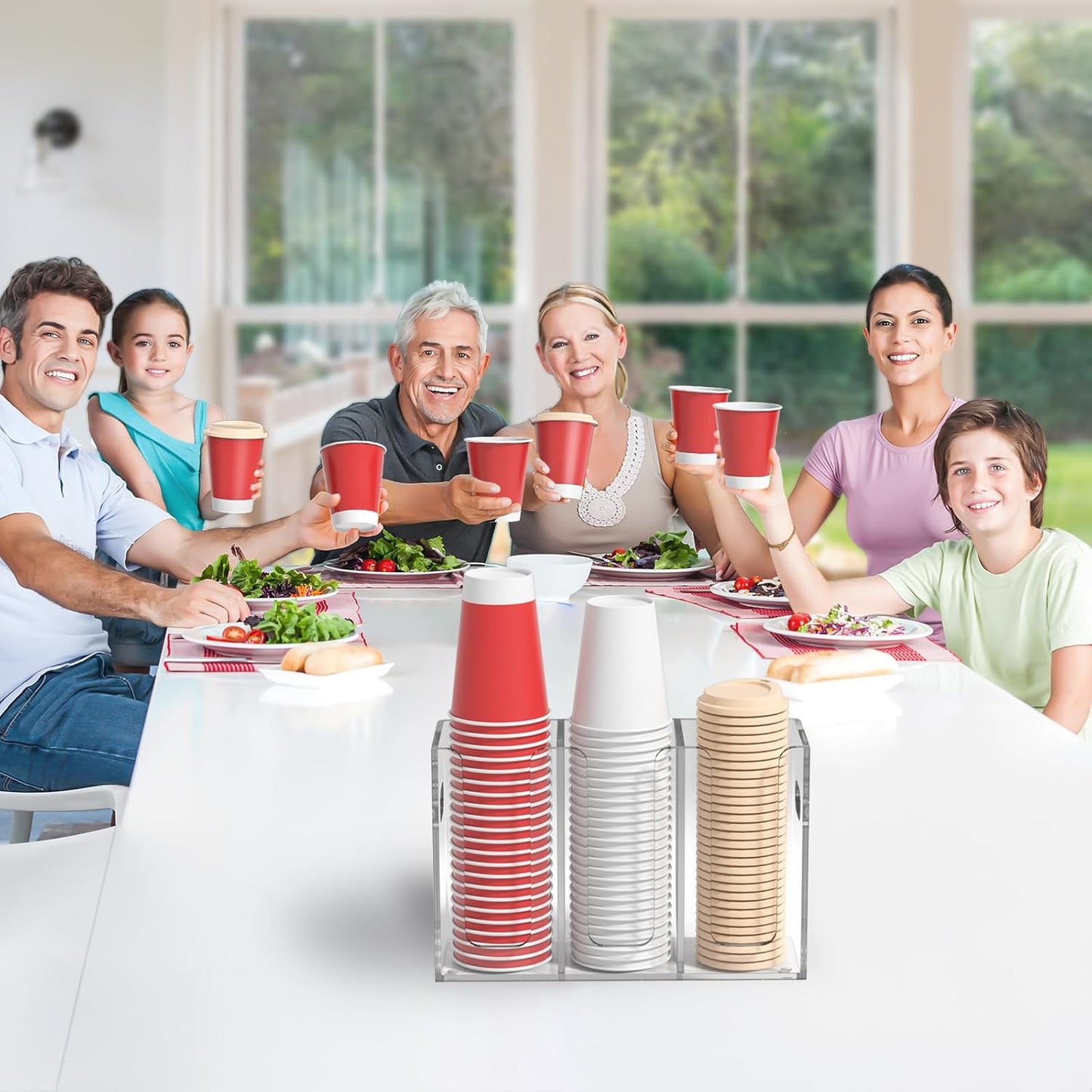 WINFFOR Disposable Cup Organizer Dispenser - 3 Compartments Clear Acrylic Cup and Lid Holder with Handles Plastic Cup Dispenser Countertop Paper Cup Holder for Coffee Bar House Party Essentials