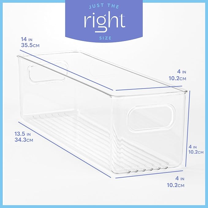 Plastic Food Storage 4 Pack Clear Container Bin with Handles for Organizing Kitchen, Pantry, Refrigerator, Freezer, Pantry, Cabinet, Closet, Bathroom. 14”x4”x4” - Image 3