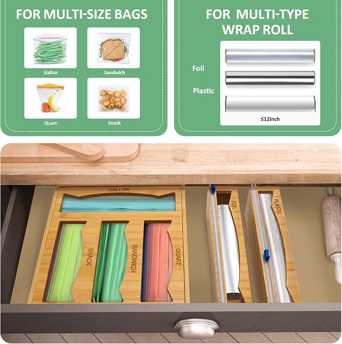 Drawer Organizer for Ziplock Bags and Foil, 6 In 1 Magnetic Foil and Plastic Wrap Organizer, Ziplock Bag Storage Organizer Compatible with Gallon, Quart, Snack and Sandwich Variety Size Bags - Image 3