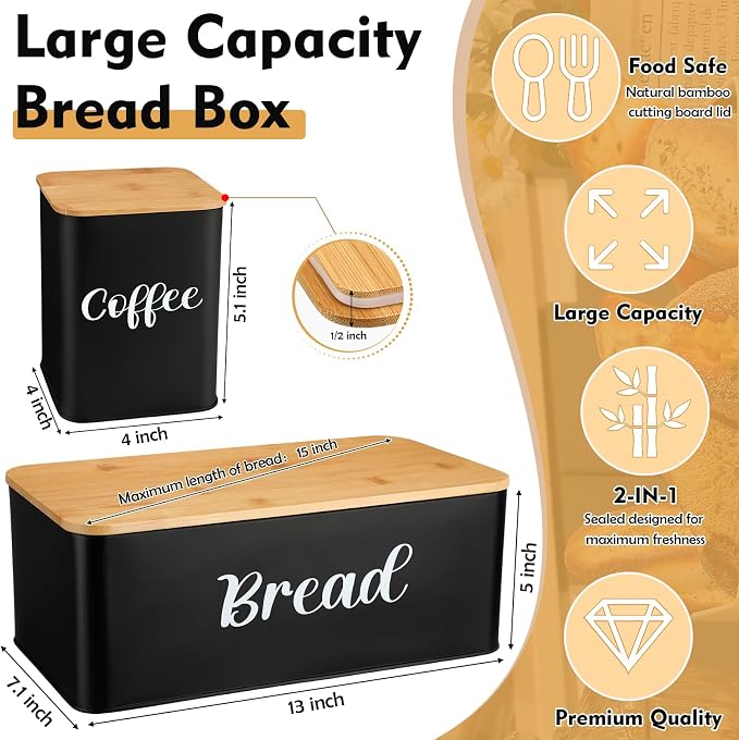 Domensi Metal Bread Box and Ceramic Butter Dish with 3 Airtight Kitchen Canisters Farmhouse Storage Canister Set for Kitchen with Bamboo Cutting Board Lid and Stainless Steel Butter Knife(Black) - Image 2