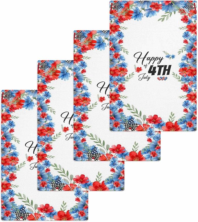 4th of July Hand Towels Set, Waffle Weave Kitchen Towels 4 Pieces, American Flag Red Blue Flowers Leaves Microfiber Hair Face Bath Tea Towel Absorbent Quick Drying Cleaning Dish Cloths, 15.7"x23.6" by Unknown