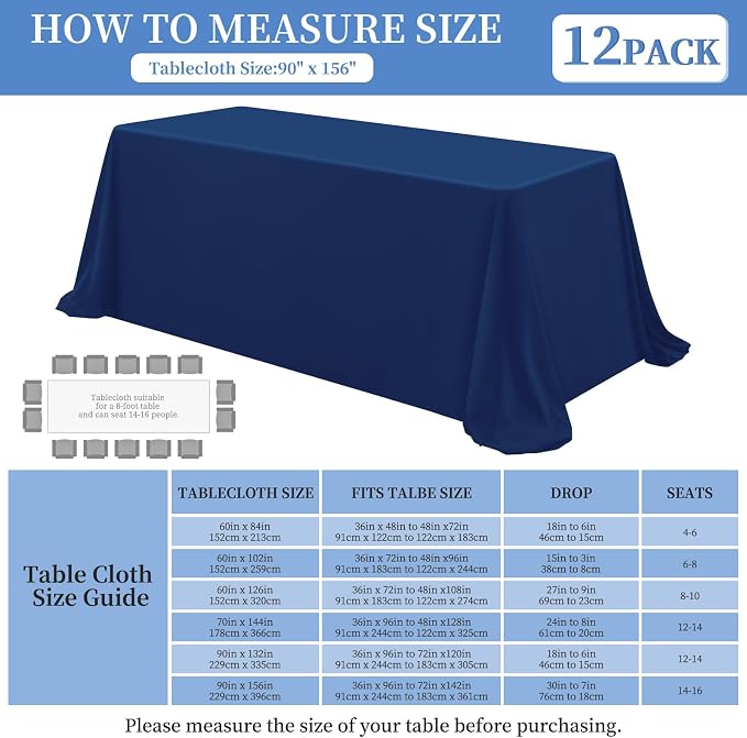 12 Pack Navy Blue Tablecloth for Rectangle Table 90 x 156 Inch - Image 3