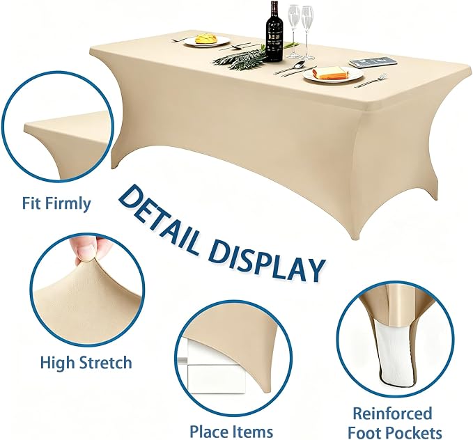 6FT Champagne Table Cloth - 2 Pack Fitted Stretch Rectangle Spandex Tablecloth, Washable Table Cover for Party, Picnic, Wedding, Banquet, Birthday and Festival(30" x 72") - Image 5