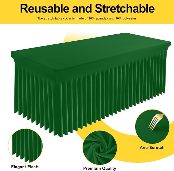 Smiry Spandex Tablecloth 6 Pack, Elastic Fitted Stretch Tablecloth for 8FT Rectangle Tables, Waterproof Washable Table Cover Skirt for Wedding, Banquet & Parties (Emerald Green, 96Lx30Wx30H Inch) - Image 2