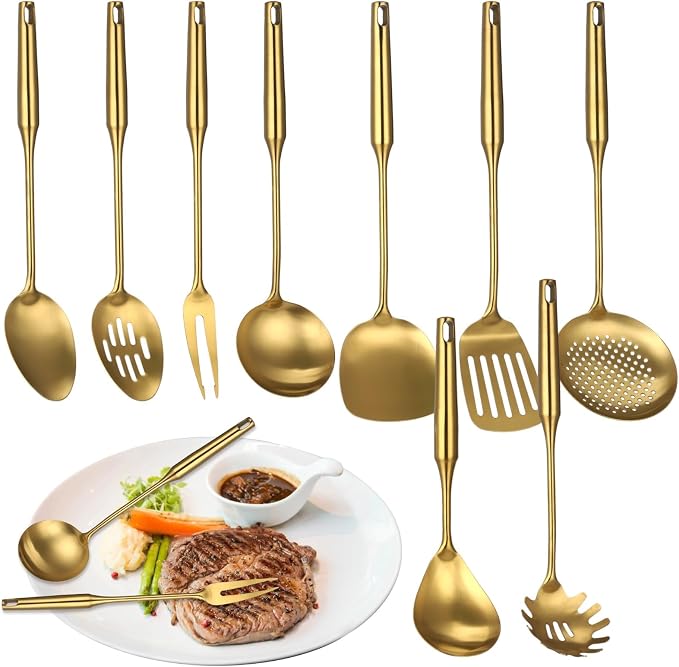 9 Pcs Gold Kitchen Cooking Utensils Set - 304 Stainless Steel Gadgets Cooking Tools, All Metal Serving Utensils, Includes Spatulas, Spoons, Ladle, Skimmer, Tunner by OMISTAR
