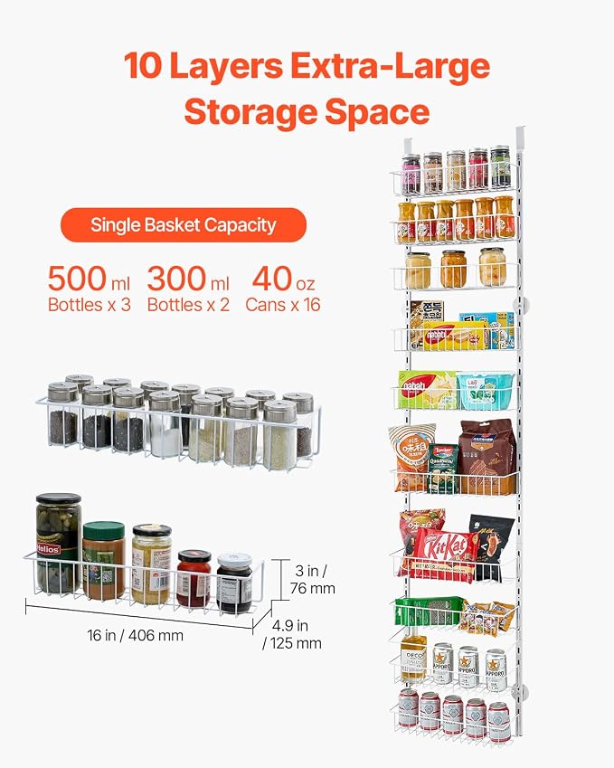 VEVOR Over the Door Pantry Organizer, 10-Tier Pantry Organization and Storage, Heavy-Duty Steel Hanging Spice Rack, Adjustable Wall Seasoning Shelves, for Home Kitchen Laundry Room Bathroom, White - Image 5