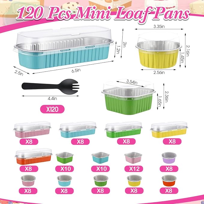 Blushtier 120 Set/240 Pcs Mini Loaf Pans with Lids and Spoons Disposable Mini Cake Pans, 6.8, 5, 4.2 oz Square Rectangle Round Aluminum Foil Cupcake Baking Cups Dessert Liners Tins for Desserts - Image 2