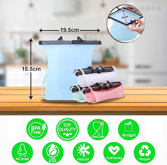 Silicone Food Storage Bags Reusable Stand-Up FoodBunker Dishwasher Safe Set of 3 (2 x 33 Oz + 101 Oz) For Freezing, Marinating Silicone Food Storage Bags - Image 6