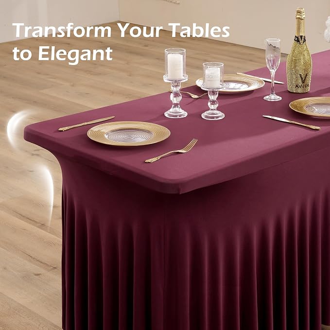2 pk Burgundy Spandex Tablecloth 6ft with Ruffled Tables,Wrinkle Free High-Stretch Fitted Table Cloths for 6 Foot Rectangle Tables,Elastic Maroon Spandex Table Covers 6 ft for Weddings Banquet Dinning - Image 6