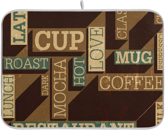 senya Super Absorbent Dish Drying Mat, Microfiber Fast-Drying 16'' x 18'', Kitchen Pad, Coffee Themed Seamless Retro