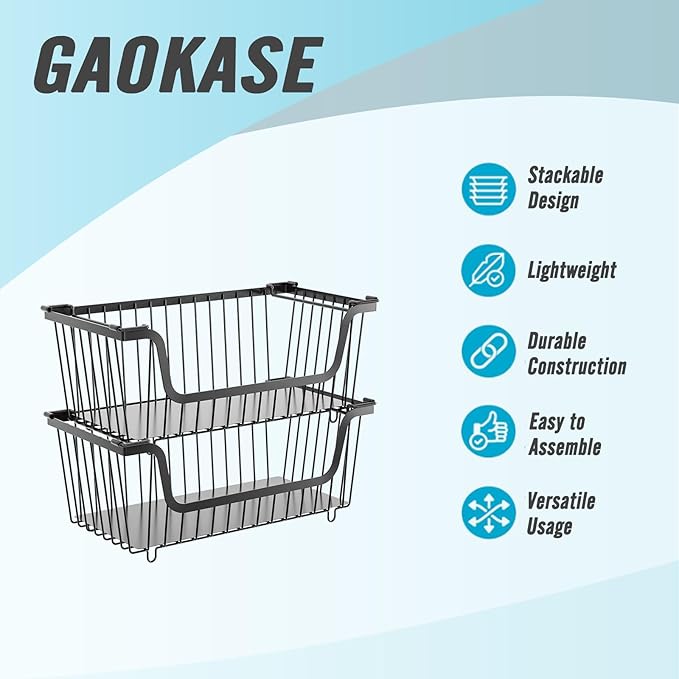 GAOKASE 6 Pcs Stackable Wire Baskets for Pantry Organizers and Storage, | Vegetable Fruit Basket for Countertop,Kitchen Storage Metal Baskets,Produce Potato Onion Storage Bin,Black - Image 7