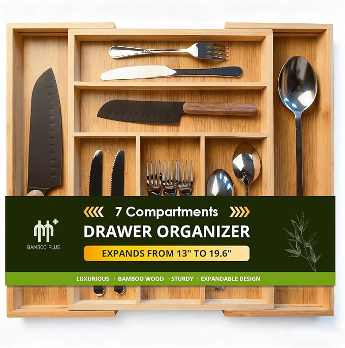 Premium Bamboo Kitchen Drawer Organizer, Perfect for Storing Cutlery, Silverware, and Gadgets, Suitable for Kitchens, Living Rooms, and Bedrooms, 5-7 Compartments, 13 to 19.6 Inches Wide by Unknown