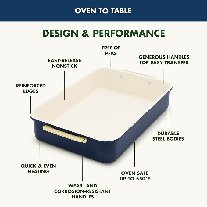GreenPan Bakeware 13” x 9” Rectangular Cake Pan, Ceramic Nonstick Baking Pan, PFAS & BPA Free, Gold Handles, Durable Steel, Freezer to Oven Dish, Scratch Resistant, Bake & Roast Ovenware, Oxford Blue - Image 4