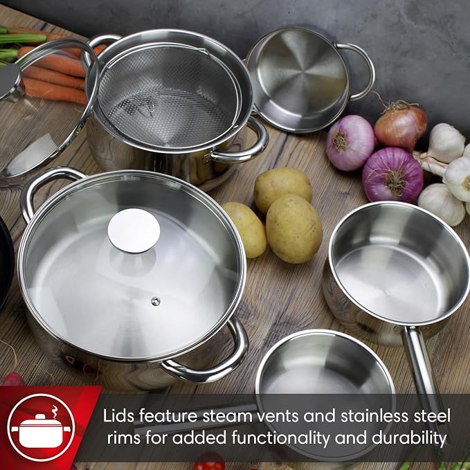MAGEFESA IDEAL 11-Piece Cookware Set: 2 Stockpots, 2 Saucepans, 2 Mini Sauté Pans, 2 Skillets, Mesh Strainer, Stainless Steel, All Stovetops (Incl. Induction), Dishwasher Safe - Image 3