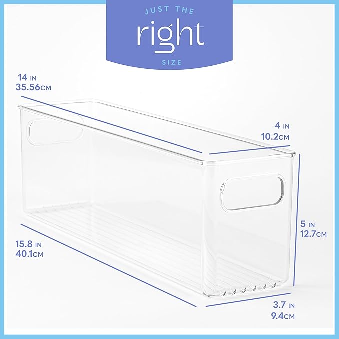 Plastic Food Storage 6 Pack Clear Container Bin with Handles for Organizing Kitchen, Pantry, Refrigerator, Freezer, Pantry, Cabinet, Closet, Bathroom. 14”x4”x5” - Image 3