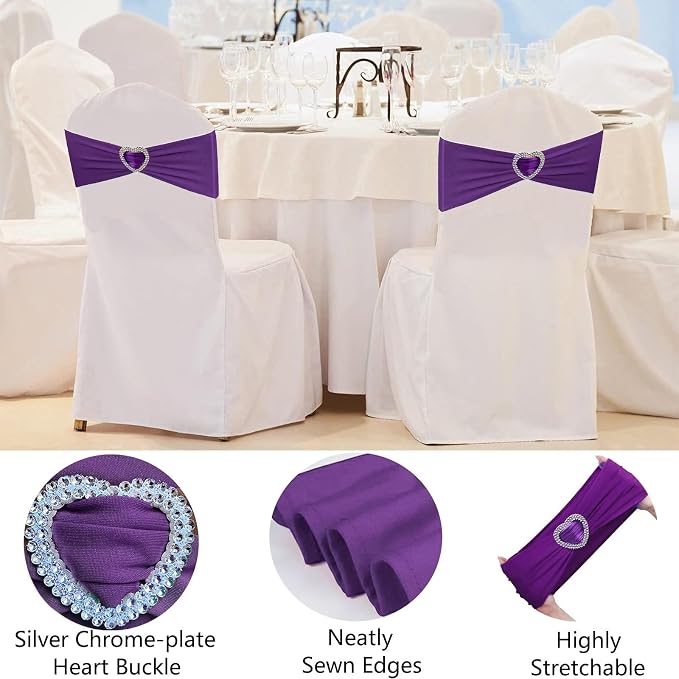 Purple Chair Sashes 50 Pack Spandex Purple Sashes for Chairs Covers Universal Stretch Chair Sashes Band with Heart Buckle Slider Sashes Bows for Wedding Banquet Party Decorations - Image 4