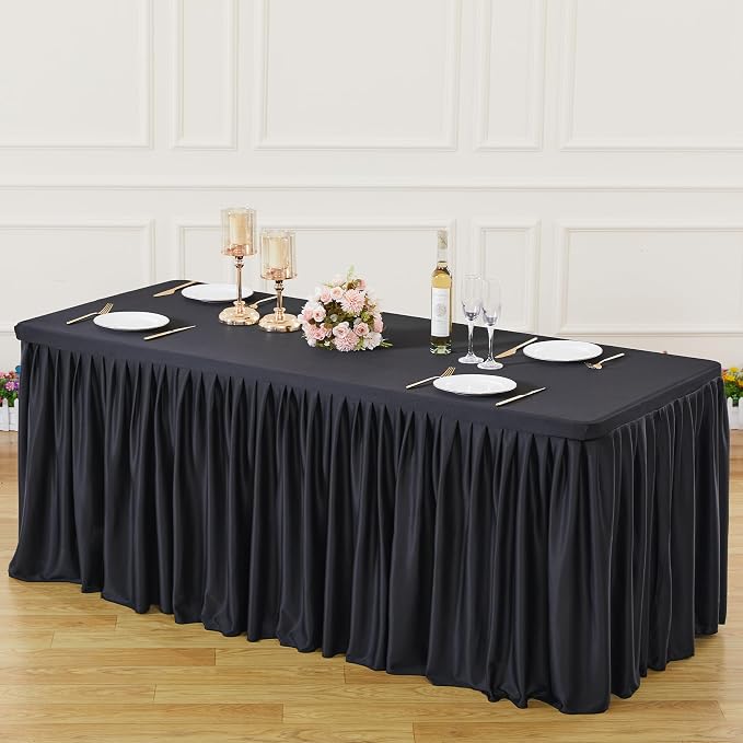 Wish Care Black Polyester Table Clothes for 8 Foot Rectangle Tables, Wrinkle Free Fitted Table Cover with Pleated Ruffle Table Skirt for Birthday Party Wedding Trade Show Event Display - Image 3