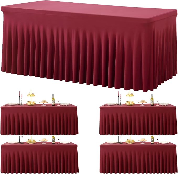 4 Pack Burgundy Spandex Tablecloths for 6 Foot Rectangle Tables, Wrinkle Free Fitted Tablecover 6ft Maroon Stretchy Table Clothes with Skirt for Weddings Birthday Party Banquet Baby Shower by Htper