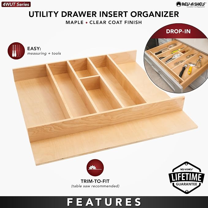 Rev-A-Shelf Trim-to-Custom-Fit Silverware Drawer Organizer For Kitchen Utensils, Cutlery Cabinet Storage Divider Insert, 23.98 x 21.97 In, Maple Wood, 4WUT-3 - Image 3