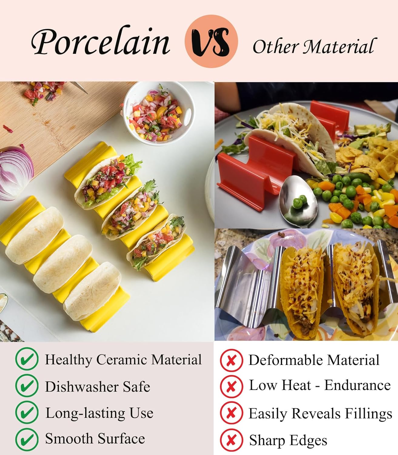 Large Taco Holder Stand, Porcelain Taco Tray with Handles Set of 2 - Perfect for Burritos and Tortillas Holder, Soft or Hard Taco Shell Holder, Keeping Shells Upright - Oven and Grill Safe, Yellow