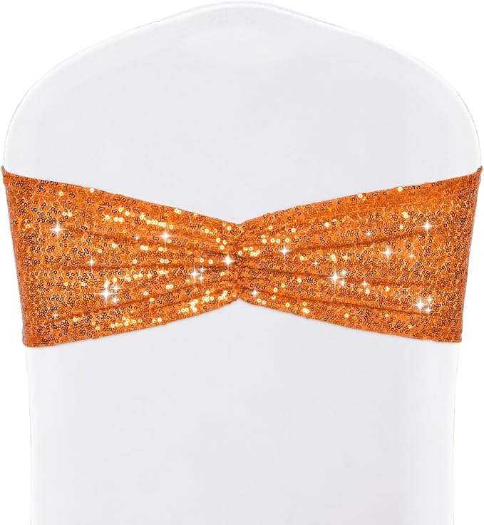 SquarePie 50 Pcs Sequin Chair Sashes Orange Sequin Sashes Bands Decorative Ties for Wedding Party Festive Chair Cover Decor by SquarePie