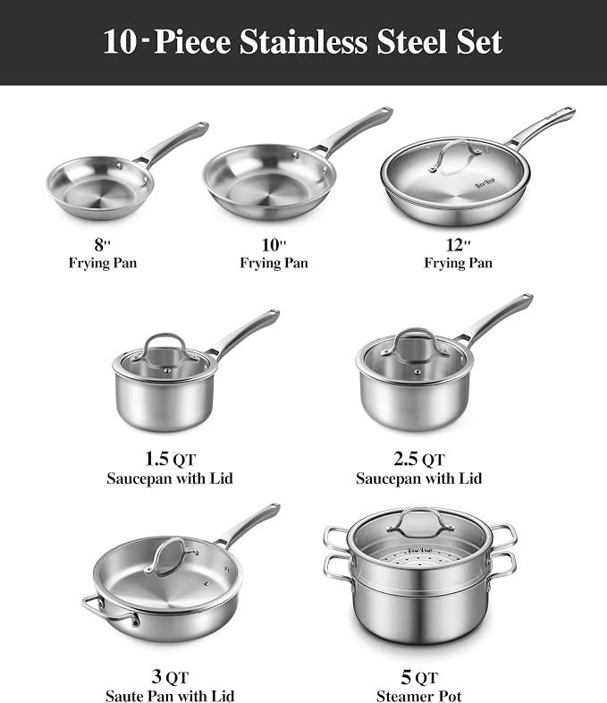 Stainless Steel Cookware Set,Tir-Ply Pots and Pans Set,13 Pcs Stainless Steel Induction Kitchen Cookware Sets,PFOA Free, Frying Pans, Butter warmer,Saute Pan & Stock Pot,Compatible with All Cooktops - Image 6