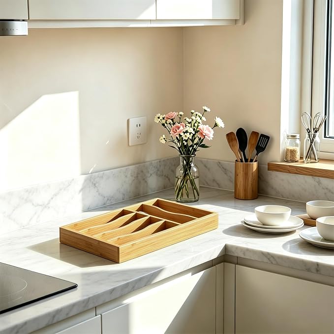 Bamboo Silverware Drawer Organizer, 6 Slots Kitchen Drawer Tray | Bamboo Kitchen Drawer Cutlery Organizer, Utensil Holder, Flatware Organizer Tray (9.5"x15.7"x1.7"), Natural - Image 6
