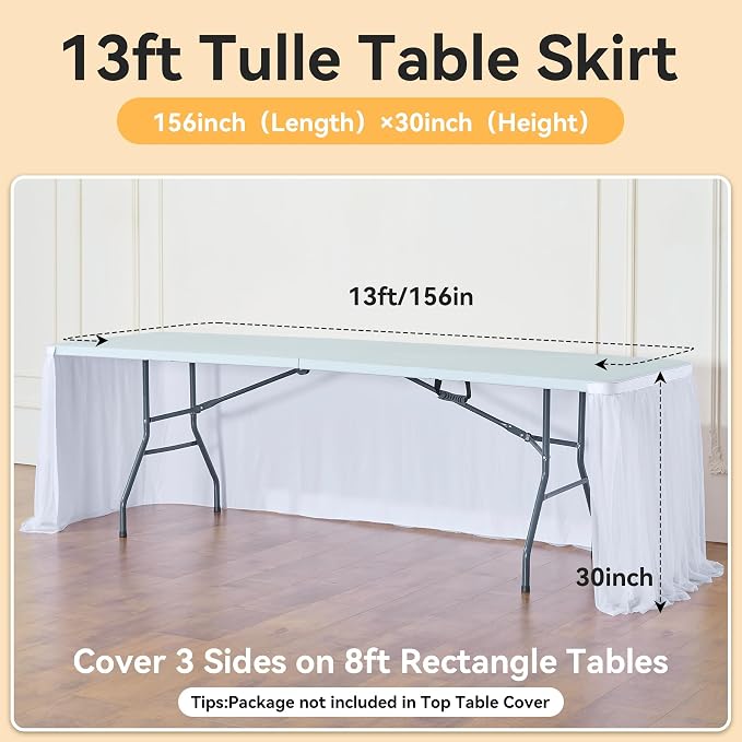 156in White Tulle Table Skirts for Rectangle Tables 8/6/4ft, 2-Layer Gold Grim Ruffle Tulle Tutu Cloth Table Skirt 13ft Long for Wedding Birthday Party Baby Shower Cake Dessert Tables(No Table Cover) - Image 5