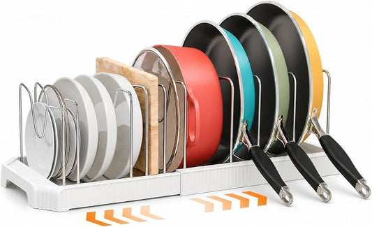 1 Pack Expandable Pots and Pans Organizer Under Cabinet, 13-22" Kitchen Cabinet Organizer with 10 Adjustable Dividers and 10Pcs Pot Protectors for Lids, Baking Sheets & Cookware (1, White) by Unknown