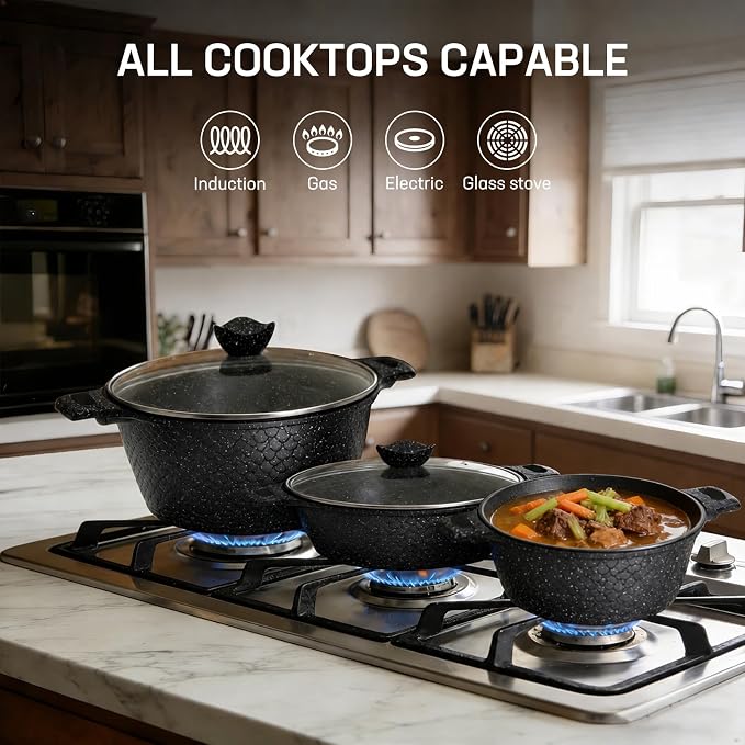 16PCS Cookware Set - Home Nonstick Stock Pot with Glass Lid, Pots and Pans Set, Cooking Pots Set, Cast Aluminum, Stay Cool Handles Dishwasher Safe, PTFE/PFOA Free, Speckled Black（Fish Scale Shaped) - Image 5